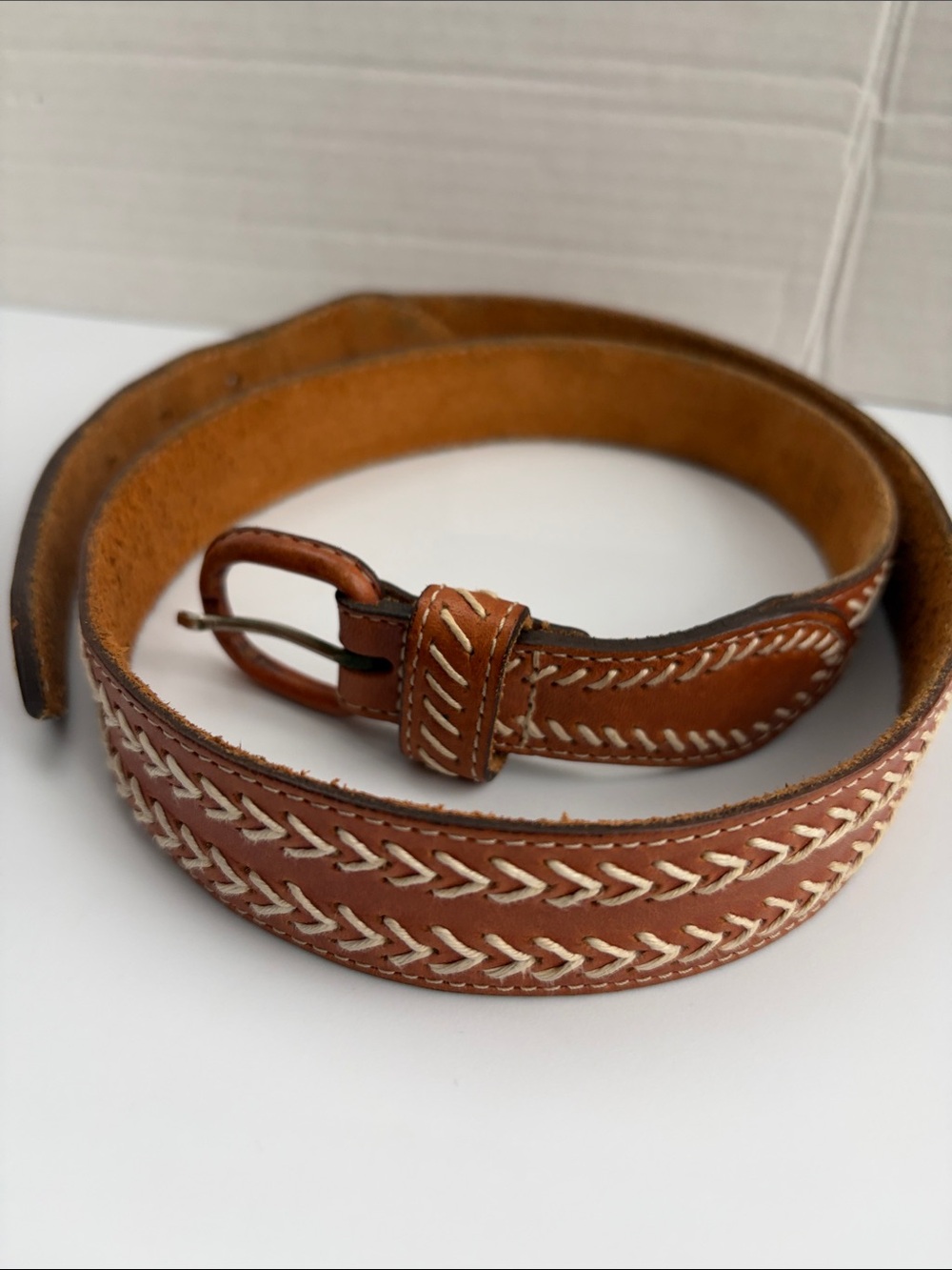 GAP Tan Leather Belt with Cream Braided Stitching